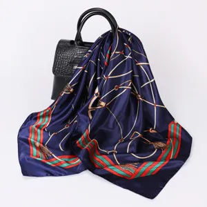 90cm large square silk scarf vintage chain stripe women elegant headwear fashion accessory