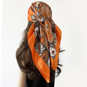 Orange paisley square silk scarf for women, trendy hair turban and stylish hair scarf 90cm