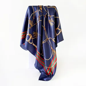 Luxury retro chain printed square silk scarf for women, elegant fashion neckerchief and head wrap.