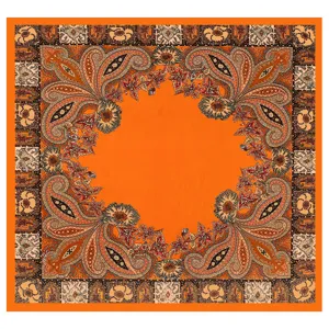 Detailed view of orange paisley square silk scarf, vintage floral print bandana for women.