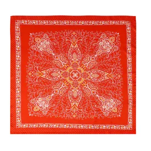 Satin square scarf with floral paisley print, 88cm large orange women bandana shawl.
