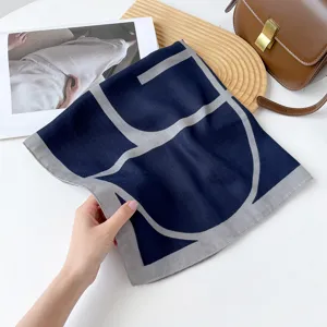 Women stylish square silk scarf 70cm retro navy blue letter print herringbone headwrap shawl