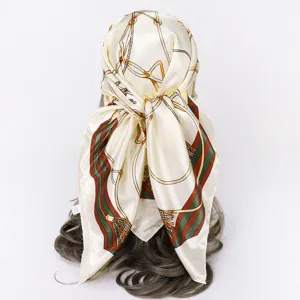 Classic retro chain printed square silk satin scarf, elegant hair accessory detail view.