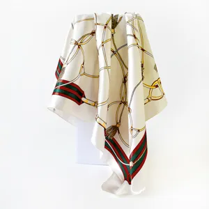 Detail shot of vintage chain print square silk scarf with classic red green striped border.