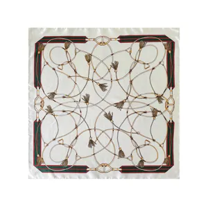 Classic vintage style square silk scarf with elegant chain and tassel print for women.