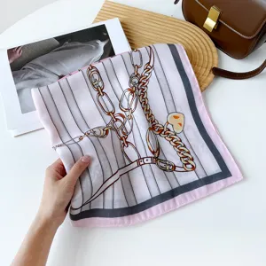 Women vintage chain print square silk scarf 70cm herringbone headwrap chic neckerchief