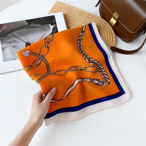 Orange silk scarf 70cm square retro chain print elegant women turban neckerchief shawl