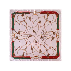 Detailed view of pink square silk scarf with classic horsebit and red green stripe pattern.