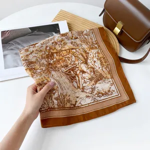 Vintage landscape print silk scarf, elegant retro square headscarf for women, stylish neckerchief.