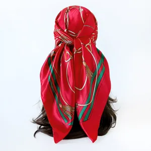 Vintage 90x90cm silk square scarf for women, elegant chain and tassel print hair scarf.