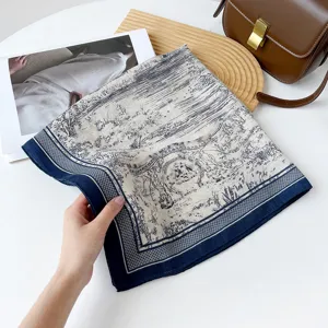 Classic French retro pastoral landscape print square silk scarf, 70cm elegant women shawl.