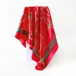 Classic retro red silk scarf with luxury chain and tassel print, 90x90cm square headwear.