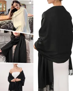 Women solid color imitation cashmere scarf winter warm shawl with fringe detail and style options.