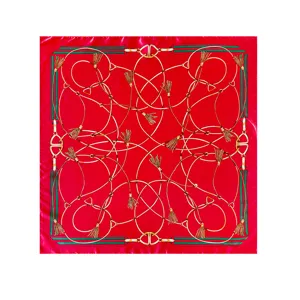 Classic red silk square scarf with golden chains and tassels, elegant vintage design for women.