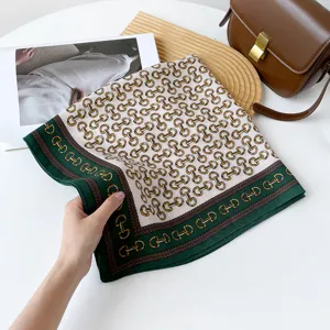 Vintage horsebit print square silk scarf 70cm elegant green border headscarf for women.