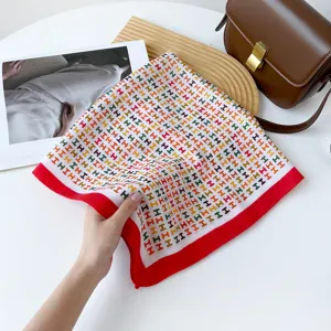 Chic 70cm letter printed square silk scarf, retro colorful geometric H pattern women shawl.