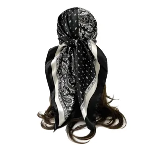 Black and white paisley square silk scarf, stylish hair wrap, lightweight fashion shawl for women.
