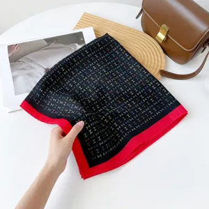 Elegant 70cm colorful H print silk scarf with stylish red border for women retro fashion shawl.