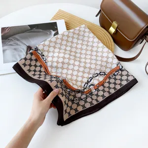Vintage printed square scarf for women, elegant chic neckerchief and retro headwrap detail.