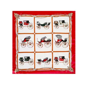 Detailed view of 90cm square silk scarf featuring classic vintage carriage print and red border.