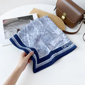 Fashion 70cm square scarf with vintage map print and elegant border, ideal for stylish women.