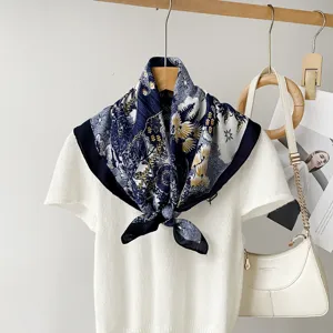 Elegant vintage blue and white printed square scarf, perfect for women's neck or bag styling.
