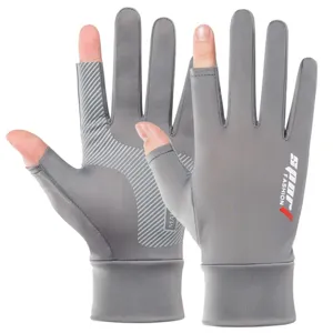 Men ice silk sunscreen touch screen half finger driving fishing anti slip grey gloves
