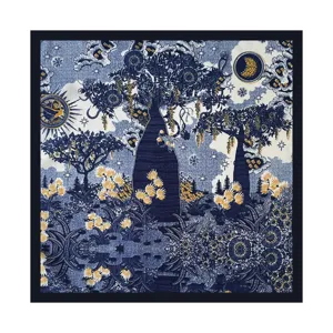 Detailed view of the 68cm vintage celestial silk square scarf, retro blue floral hair scarf.