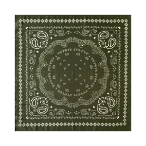 Green paisley print square scarf detail view, elegant silk headband or fashion neck accessory.