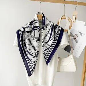 Retro equestrian print square silk scarf for women, elegant 68cm neckerchief and retro shawl.