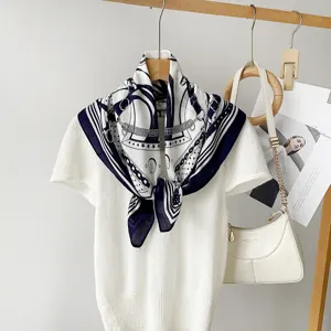 Retro blue and white printed square silk scarf for women, elegant chic headscarf shawl.