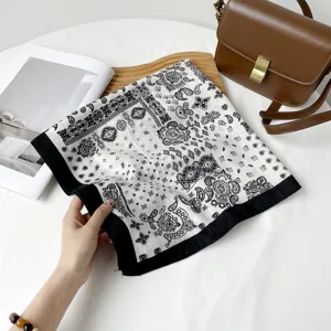 Black and white paisley print square scarf for women, fashionable headwear and elegant shawl.