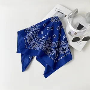 Fashion blue paisley cotton square scarf, elegant bandana for women, stylish head wrap.