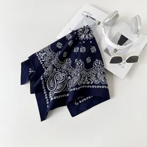 Navy blue paisley cotton square scarf, vintage bohemian bandana for women fashion accessories.
