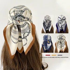 Women's Fashion Chain Print Square Scarf Silk Feel Herringbone Twill Sun Protection Head Scarf Elegant Neck Scarf