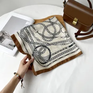 Chic black and white chain print square scarf, 68cm elegant women sun protection neckerchief.