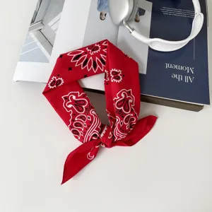 Red paisley print cotton bandana square scarf, trendy headwear and neckerchief for women.