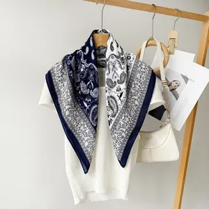 Classic blue and white paisley printed square silk scarf, elegant fashion hair wrap or neck shawl.