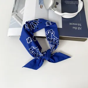 Blue paisley bandana square scarf, trendy cotton silk hair scarf for women styling.