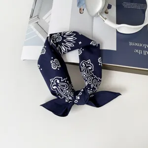 Navy blue paisley print cotton square scarf, stylish bandana neckerchief for women styling.
