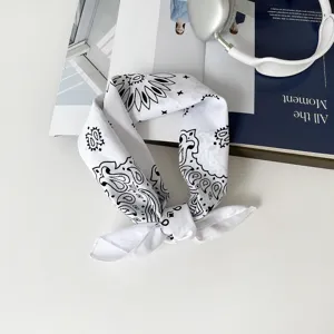 Classic black and white paisley print cotton bandana square scarf for women chic hair accessory.