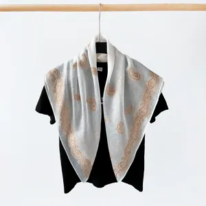 European style 90cm large square scarf with retro paisley floral print, elegant shawl.