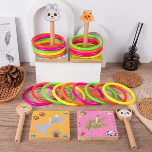 Wooden kids educational ring toss toy with cute cartoon animal pillars and colorful rings for party games