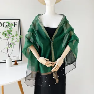 Green and black sheer women lightweight scarf elegant draped shawl with delicate pearls.