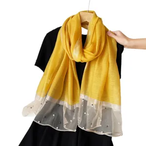 Women sheer yellow scarf lightweight pearl metallic trim long shawl fashion apparel accessory