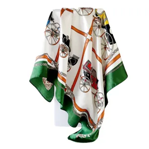 Elegant women's square silk scarf with classic carriage and chain print design for daily wear.