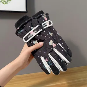 Women winter waterproof windproof warm thick ski gloves featuring cute bear pattern