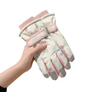 Women winter ski gloves cute bear print windproof waterproof thermal cycling outdoor gear