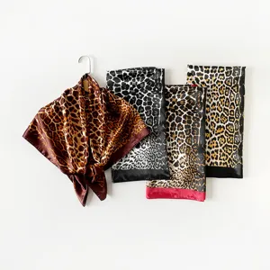 Women luxury leopard print satin square scarf, 90cm thin silk feel hair scarf for summer shawl.