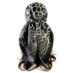 Leopard print square silk satin scarf, 90cm stylish black grey headscarf and shawl main view.